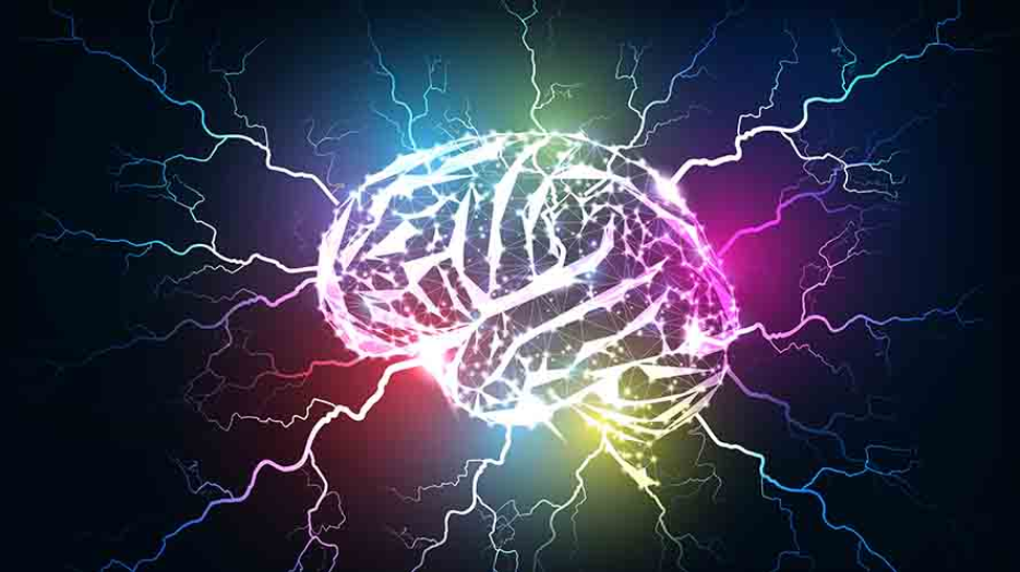 Illustration of brain with rainbow coloured electric signals shooting out of it